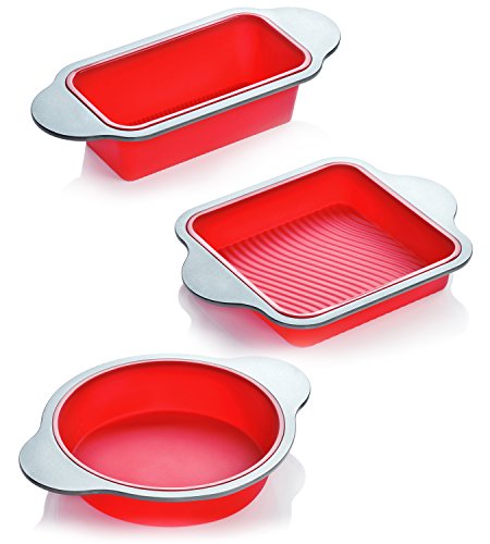 Boxiki Kitchen Silicone Baking Pans Set. 3 PCS Professional Non-Stick Baking Cake Pans Set includes Silicone Round Cake Pan, Square Cake Pan and Bread Loaf Pan. - style: Bakeware Set 3