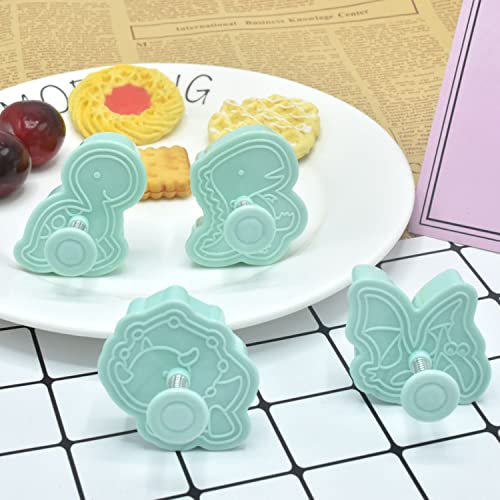 4 Pack Dinosaur Cookies Cutter Mold 3D Biscuit Embossing Mould Fondant Cakes Cutters Animal Crackers Spring Stamp Plunger Cutter DIY Dino Forms for Sugar Pastry Cake Kitchen Tools (Green) - color: Green