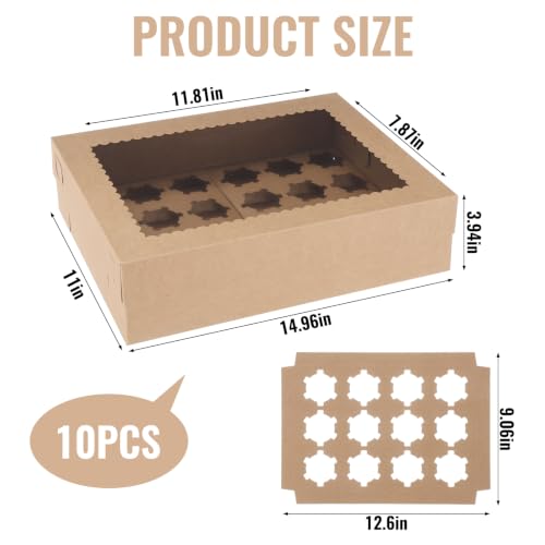 10 Pack Brown Cupcake Boxes 24 Standard Cupcake Containers with Window 15x11x3.9 Inches Dessert Shooter Boxes for Party Wedding Bakery Packaging - color: Brown (10 Pack)