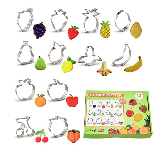 12 Pcs Fruit Cookie Cutters, Apple, Banana, Orange, Peach, Pear, Pineapple, Strawberry, Lemon, Grape, Cherry Stainless Steel Cookie Cutters for Baking (Fruit) - color: Fruit