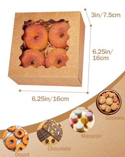 qiqee Auto-pop up 6x6x3 Inch Brown Cookie Box with Window 30Pcs Pastry Macaron Bakery Box for Packaging - color: 6x6x3, 30Pcs,Brown