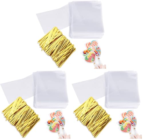 Cake Pop Bags, Augshy 300 Pcs Cellophane Treat Bags 3x5 with 300 Twist Ties 1.4 mils Thickness OPP Plastic Bags for Lollipop Candy Chocolate Cookie Wrapping Buffet (Pack of 3) - size: 3x5 Inches (Pack of 3)