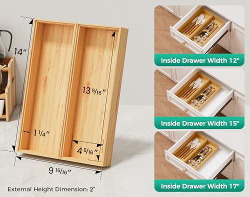 Bamboo Kitchen Drawer Organizer Boxes 14" x 5" Stackable Pantry Organizers - size: 14" x 5" x 2"