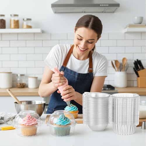 200 Pack Individual Cupcake Holders Plastic Cupcake Containers Clear Disposable Cake Carriers Single Muffin Containers with Dome Lids for Dessert Cheesecake Pastries
