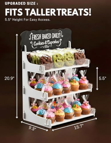 HOTCAN Cookie Display Stand for Bakers & Vendors with Acrylic Front | Wooden Dessert Stand with Chalkboard Sign for Market Booths, Craft Fairs & Events | 3 Tiered Cookie Display for Cupcakes, Muffins & Pastries (White) - color: White, size: 3 Tier