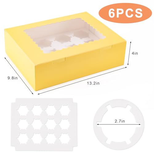 Hoewina 6PCS Cupcake Boxes Hold 12 Cupcakes, Cupcake Containers with Window - color: Yellow