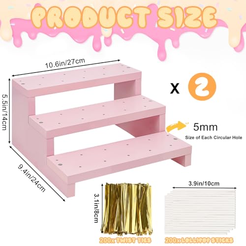 Wood Cake Pop Stands, 3 Tier Lollipop Holders with Twist Ties Lollipop Sticks, Sucker Display Riser for Dessert Table of Wedding Birthday Party (Pink-2P) - color: Pink-2P