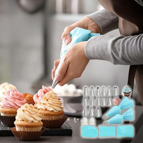 21pcs Cake Decorating Kit – Reusable Silicone Bags & 16 Piping Tips Set-BLUE