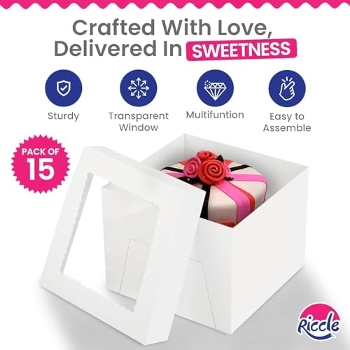 RICCLE 15pcs Cake Boxes, 8x8x8 Inches Tall Cake Box with Window, Large White Bakery Boxes, Baking Boxes, Square Cardboard Cake Box for Multi-Layer Cakes, Cake Decorating Supplies, Valentines Day - size: 15 PCS - 8×8×8