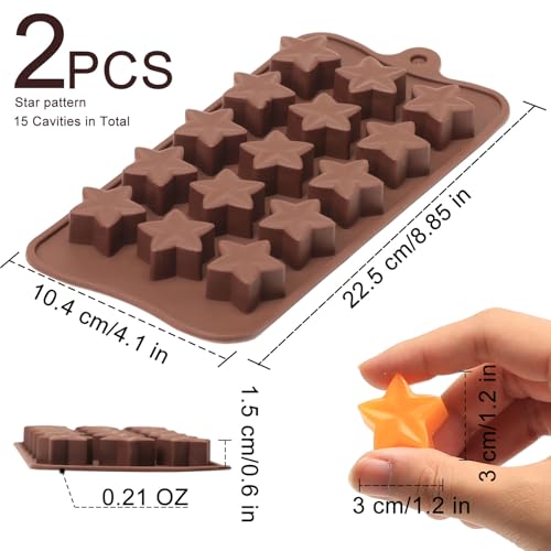 Small Star Silicone Molds, 15 Cavities Star Chocolate Molds for Candy/Gummy/Jelly/Fruit Snack, Mini 3D Stars Mold for Wax Melt/Resin, 2 Pcs