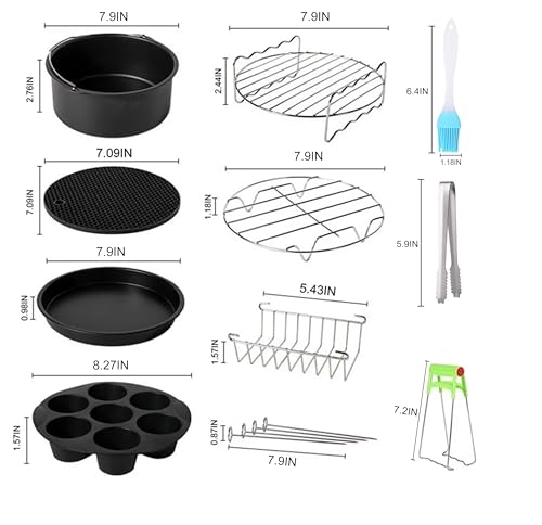 Air Fryer Accessories Set Fit All 4.5qt-5.2qt And Larger Ovens, Cake & Pizza Pan, Metal Holder, Rack & Skewers, etc, BPA Free, Nonstick, Dishwasher Safe,Universal, Black (8 Inch 10-Piece) - style: 8 Inch 10-Piece