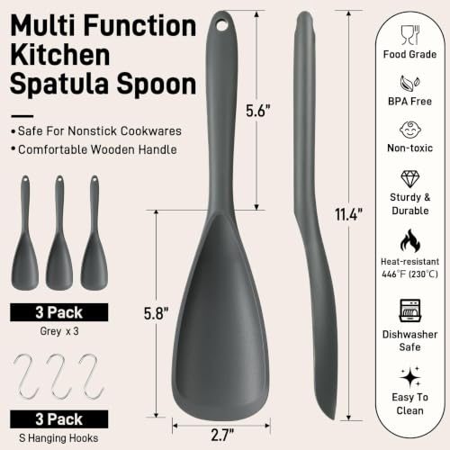 3 PACK Silicone Cooking Spatula & Spoon for Nonstick Cookware, BPA-Free - color: 3 Pack Grey