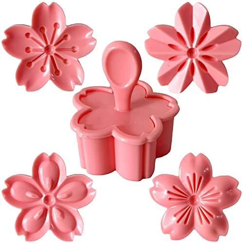 Pastry/Cookie/Fondant Stamper, 2-Inch Press Cookies Mold with 4 Stamps Pink Cherry Blossom Shape Flower Hand Pressure Pastry Tool Fondant Cutters Set for Baking