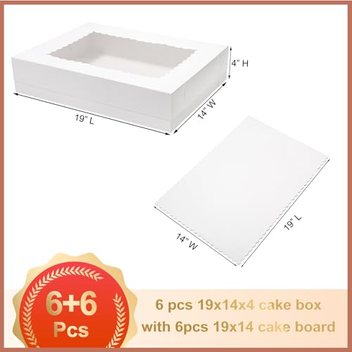 Mefleet 6pcs 19x14x4 Half Sheet Cake Boxes with 6pcs Cake Boards Rectangle