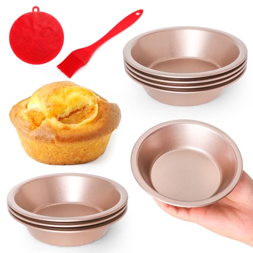 8 Pack Mini Pie Pans, 5 Inch Mini Pie Tins Gold Reusable Round Small Pie Pans, Carbon Steel Tart Pan Nonstick Small Pie Molds Quiche Tins Baking Set with Silicone Oil Brush & Scrubber - color: Gold 5-inch Set of 8