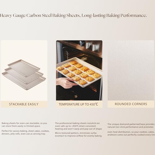 GIUOIDUO Baking Sheet Set of 3, Nonstick Heavy Duty Cookie Sheets for Oven - 13.6"×9.6"/15.5"×10.6"/17.5"×11.8" Warp-Resistant Carbon Steel Bakeware Trays, Champagne Gold, Dishwasher & Oven Safe - size: 3-piece set (17.5X15.5X13.6)