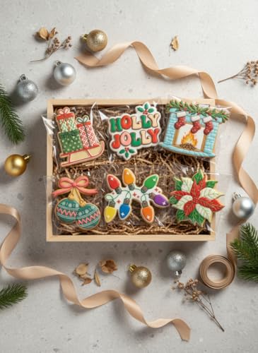 6Pcs Christmas Cookie Cutter Set - 2-3 Inch Large Size Christmas Gift Box with Sled, Holly Jolly, Fireplace, Bell, Lights & Wreath Shapes, Food Safe PLA, Kid Friendly for Winter Holiday