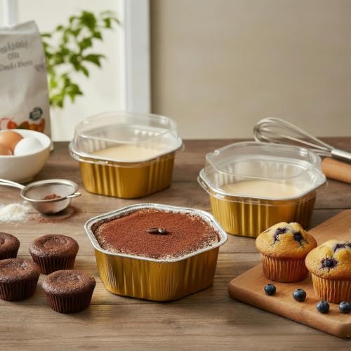Frcctre 35 Pack 13 Oz Aluminum Foil Baking Cups with Lids, Disposable Hexagon Aluminum Foil Ramekins Cupcake Baking Pans Muffin Liners Cups Brownie Pudding Desserts Holders