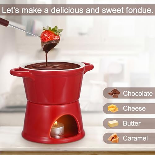 BSTKEY 300ML Ceramic Butter Warmer Set with 2 Forks, Fondue Pot Melting Pot Set, Melt Hot Pot Bowl Set for Cheese Chocolate Butter Caramel (Red) - color: Red