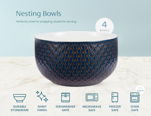 KooK Ceramic Nesting Bowls, Embossed, Oven Safe, Set of 4, Midnight Blue - color: Midnight Blue