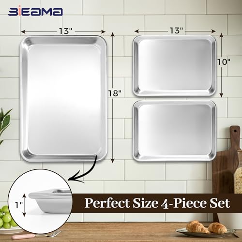 BIEAMA Aluminum Baking Sheet Pan Set of 4, 18" x 13"+ 13" × 10" - size: 4PACK 18"×13"+13"×10"