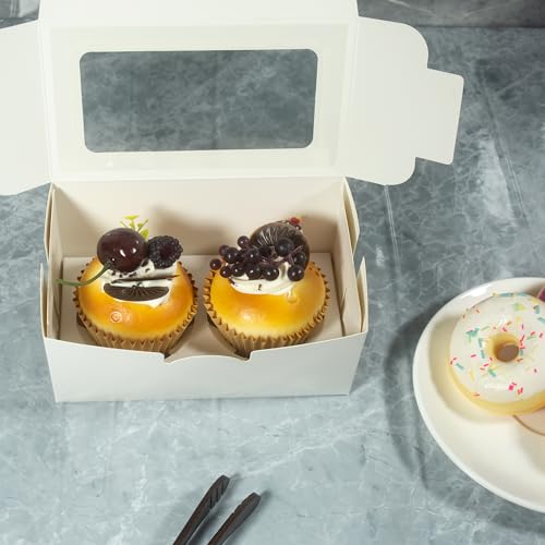 White Cupcake Boxes, Premium Sturdy Cupcake Carriers with Inserts and Clear Window Perfect for Cupcake Package and Presentation(Holds 2, Pack of 30) - size: 2-Cup, 30-Pack
