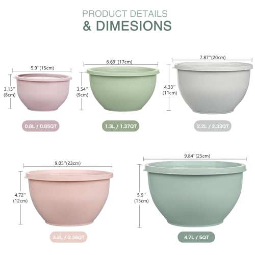 Greentainer Plastic Mixing Bowls with Lids Set for Kitchen, 5 Set Nesting Bowls for Mixing, Baking, Prepping, Cooking and Serving Food, Mixing Bowls Dishwasher, Microwave Safe - color: Pink