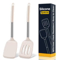 2 Pack Silicone Spatula Set, Solid & Slotted Turner for Non-Stick Pans - color: Khaki