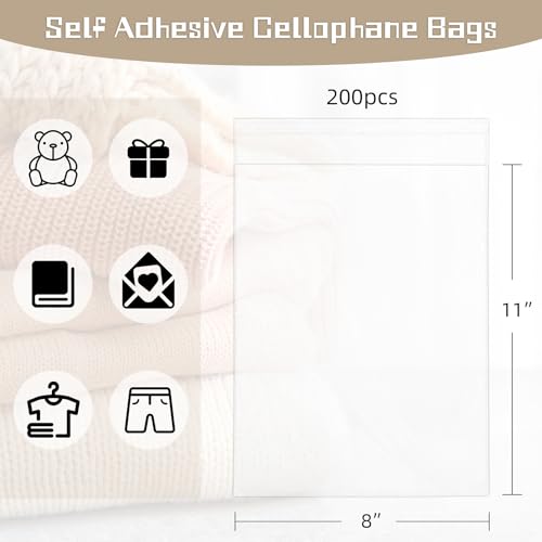 WIKDAY Self Sealing Cellophane Bags 200PCS 8X11 Inches Clear Bags with Seal - color: Clear-8"x11"
