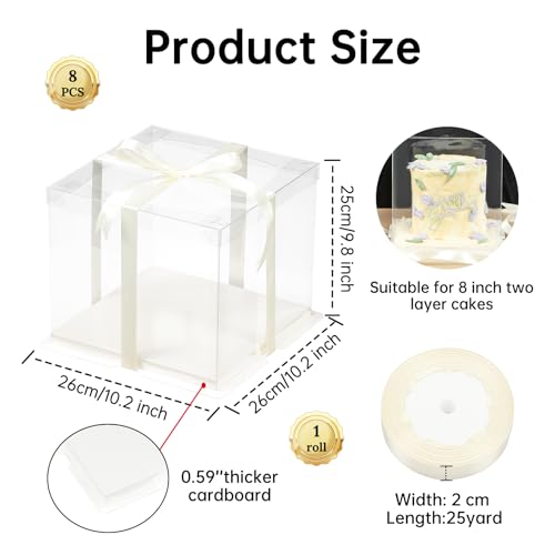 8 Pcs Clear Gift Box with Ribbon 2-Layer 10x10x10 Inch, Transparent Cake Carrier Box with Lids, PET Tall Cake Packaging Boxes, Clear Gift Boxes for Birthday,Wedding and Festival Party - size: 10*10*10 in