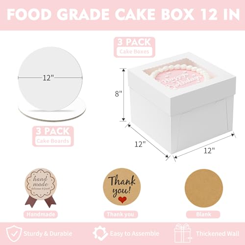 12 Inch Cake Box with Cake Boards, Disposable Cake Containers-3 Pack