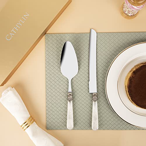 Wedding Cake Knife and Serve Set, Fancy Hand Craft Italian Style Design, Pearl Pie Knife Server Set, Vintage Silverware,Cake Cutter Set, Cake Knife Gift Set, 2 pcs (White) - color: White