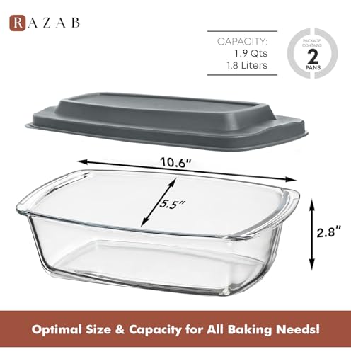 Razab (2 Pack Large 7.6 Cups / 1800 Ml / 1.9 Qt Glass Loaf Pans with Lids - color: Gray, size: Set of 02