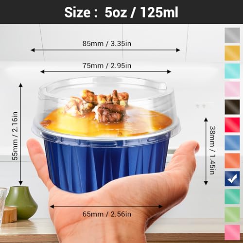 EUSOAR Cupcake Cups with Lids, 5oz 50pcs Disposable Desserts Flan, 3.34"x2.59"x2.35" 125ml Baking Cups with Lids, Aluminum Foil Desserts Cupcake Flan, Catering Gathering Shower Favor-Royal Blue - color: Royal Blue, size: 50pcs