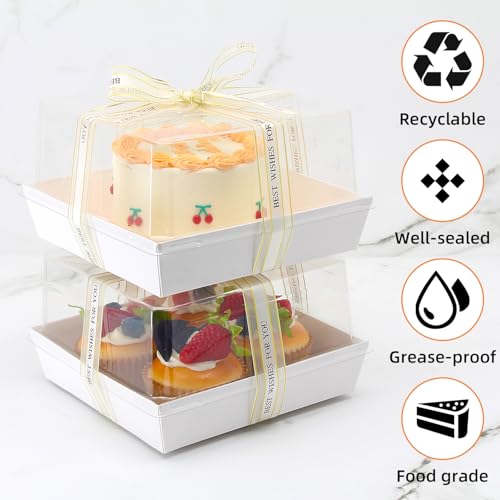 7 x 7 x 4 Inches Paper Charcuterie Boxes with Clear Lids, 25 Pack Large Clear Cake Boxes for 4-6 Inch Cake, Disposable Bakery Boxes Food Containers for Cupcakes,Pie,Cookies, Cocoa Bomb White - color: White