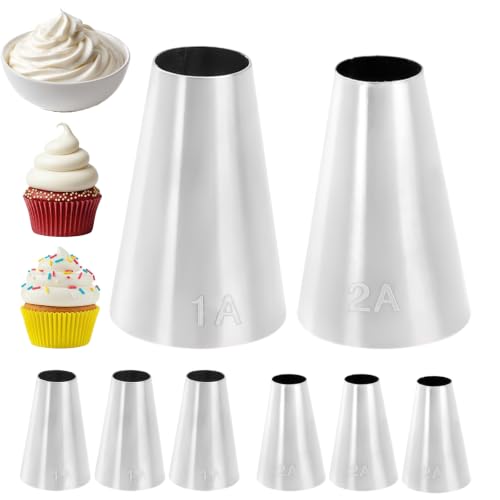 6 Pcs 1A&2A Piping Tip Set Large Large 1A Tip for Cake Decorating 2A Stainless Steel Piping Tips for Cake Cookies Pastry Fondant Cream Bag Filler