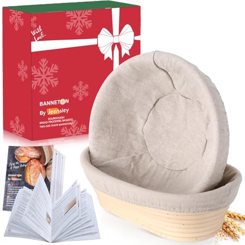 Banneton Bread Proofing Basket with Brochure Set of 2, Sourdough Baking Supplies for Rising, Round & Oval Proving Baskets with Liners, Handmade from Quality Natural Indonesian Rattan - size: Round & Oval