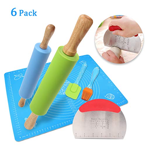 1Set Rolling Pin Pastry Mat Set Non-Stick 6 in 1 Dough Roller Baking Kit with Pastry Cutter Reusable Kneading Mat Scraper Basting Brush