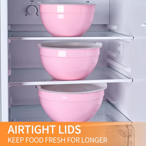 Pink Mixing Bowls with Airtight Lids, Stainless Steel Nesting Mixing Bowls Set of 7, Ideal for Baking, Prepping and Serving Food, Size 7, 3.6, 2.7, 2.1, 1.5, 1.1,0.8 QT, Stackable Design - color: Pink, size: 7 Pieces