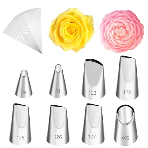 8 Pcs Petal Icing Tips Flower Leaf Piping Tip Set Rose Flower Piping Tips Set with 20 Pcs Disposable Pipi Bags Stainless Frosting Tip DIY Icing Nozzle Tool for Cake Decorating