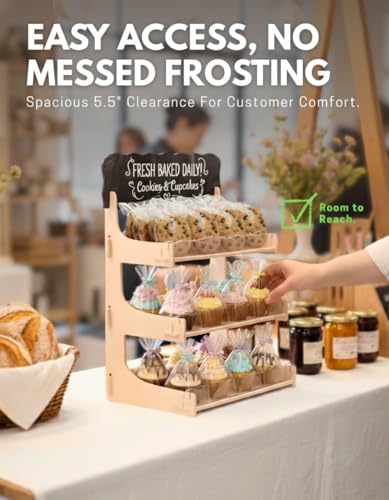 HOTCAN Cookie Display Stand for Bakers & Vendors with Acrylic Front | Wooden Dessert Stand with Chalkboard Sign for Market Booths, Craft Fairs & Events | 3 Tiered Cookie Display for Cupcakes, Muffins & Pastries (Natural) - color: Natural, size: 3 Tier