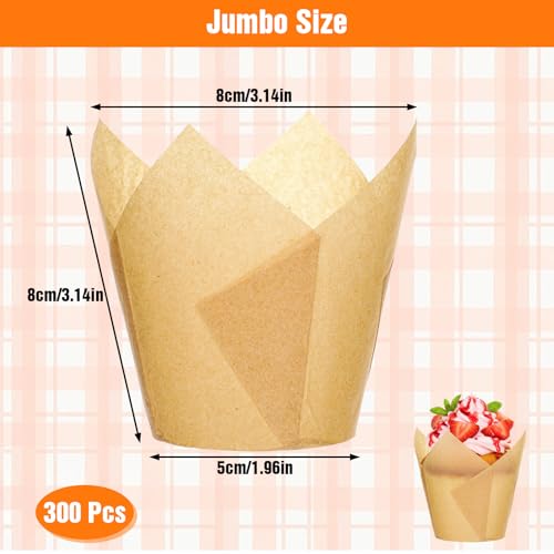 300 Pcs Natural Tulip Cupcake Liners, Premium Muffin Liners Holders for Baking Cups,Jumbo Muffin Liner, Greaseproof Tulip Cupcake Wrappers for Weddings, Party, Christmas, Valentines