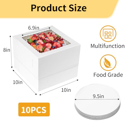 Moretoes 10 Sets Cake Boxes with Boards, 10x10x8 Inches Tall Bakery Boxes - size: 10*10*8in