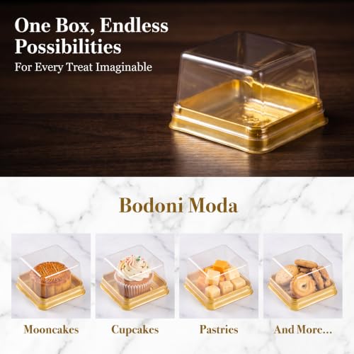 DOITOOL Clear Plastic Mini Cake Box 100 Pack Square Mini Cupcake Containers Mooncake Boxes Muffin Pod Dome Muffin Single Container for Wedding Birthday Supplies (Golden)