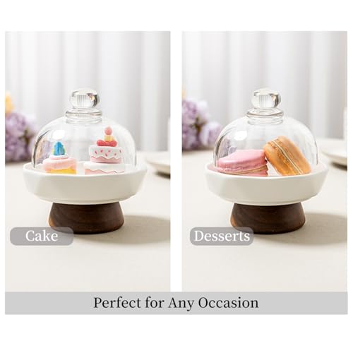 Ceramic Mini Round Cake Stands, 3.9 x 3.9 x 4.3 in, Pair with White Plates, Clear Glass Domes and Acacia Wood Pedestal Bases, Covered Dessert Displays, for Wedding Parties, Birthdays and Afternoon Tea - color: 2 Sets 4 inch Mini ceramicGlass Dessert Dome