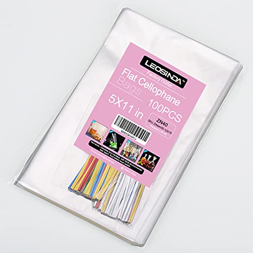 100 Pcs Cellophane Treat Bags 5x11 Inch Gift Warp with Twist Ties - size: 5x11 Inch (Pack of 100)