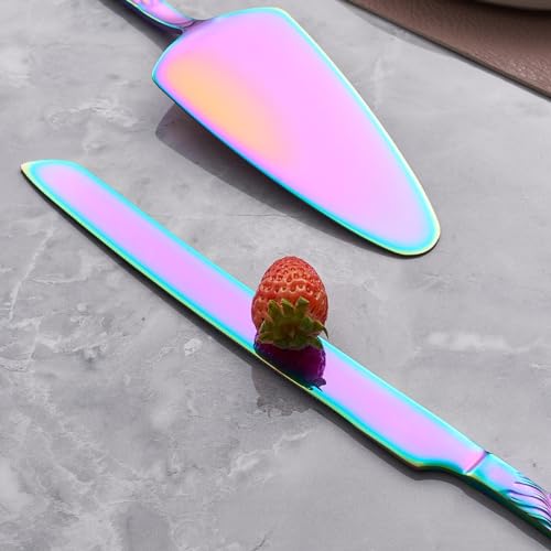 Rainbow Cake Cutting Set, Stainless Steel Cake Knife and Server, Cake Pie Cutter Set for Wedding, Birthday, Party - color: Rainbow