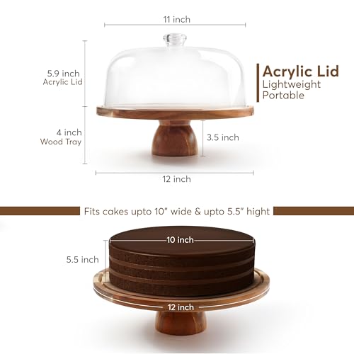 2-in-1 Acacia Wood Cake Stand with Lid, Acrylic Dome, Light Weight, Strudy