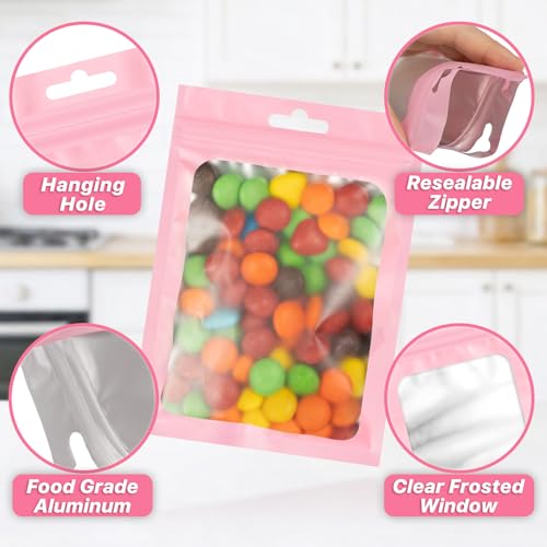ANZNKU 100Pcs Pink Mylar Bags, Resealable Smell Proof Zip Goodie Baggies - color: Pink, size: 5.51x7.87 inches