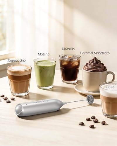 CIRCLE JOY Rechargeable Milk Frother Handheld with Stand, Dual Spring Whisk Electric Foam Maker, Detachable Hand Frother Wand Drink Mixer for Lattes, Cappuccino, Macchiato, Hot Chocolate, Silver - color: Stand Silver